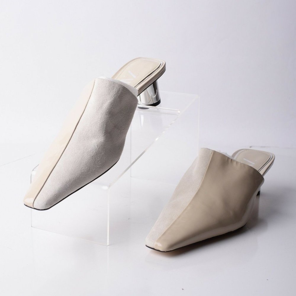 Zara Womens Leather Clogs Mules Sz 8 Eu 39 Ecru Nude Geometric Heeled 1248/001